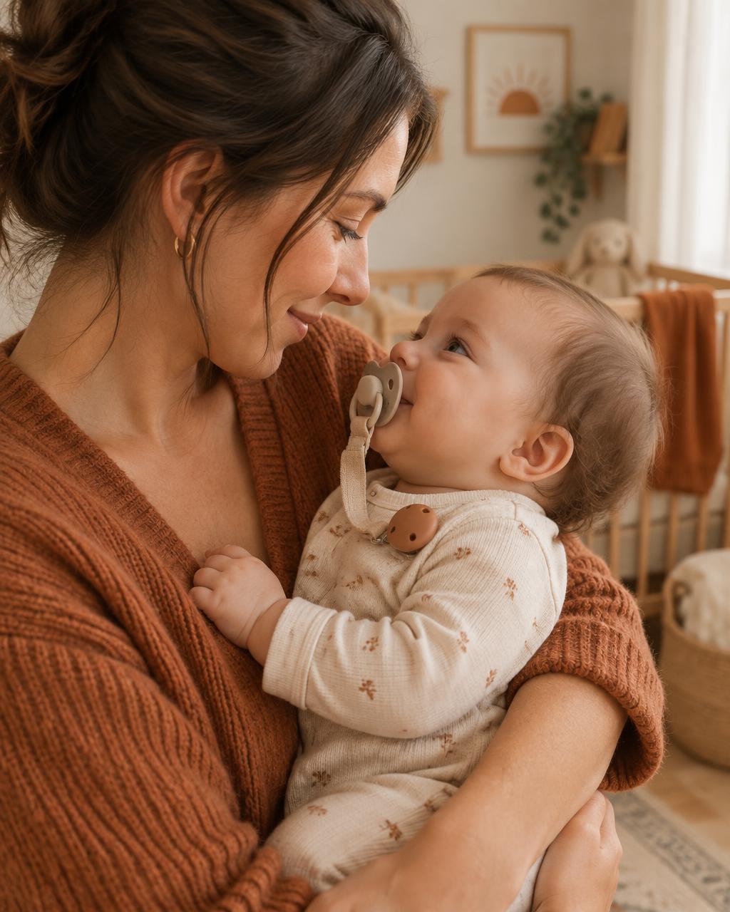 A mother lovingly holding her baby, who has a Hushie pacifier in his mouth